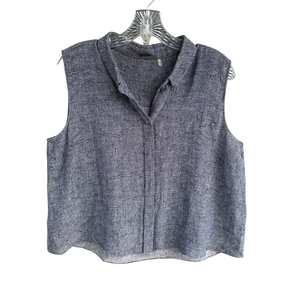 Elie Tahari Fil Coupé Slashed Linen Blend Sleeveless Blouse Smoky Blue Large